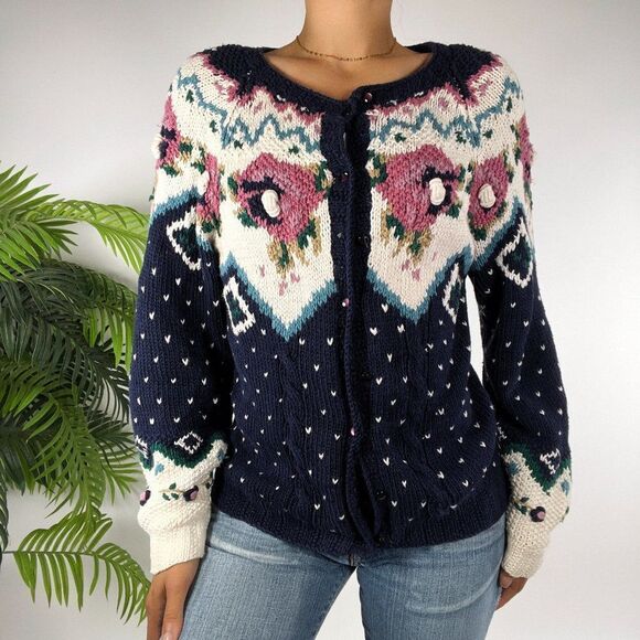 Vintage 90s Blue Floral Cottagecore Soft Girl Grandma Knit Sweater Cardigan / M - Picture 6 of 7